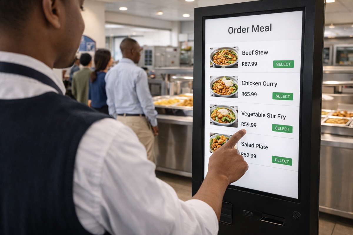 Employee using the BiteOnSite kiosk pre-order system at a workplace canteen