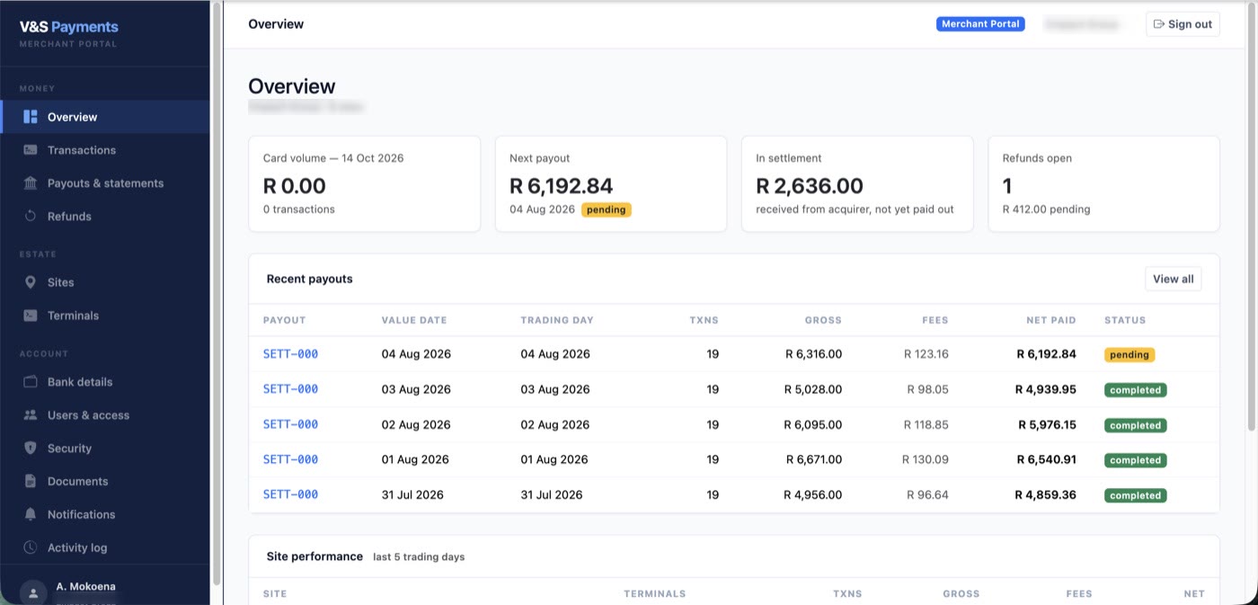 Caterly Payments portal overview with next payout, settlement and recent payouts