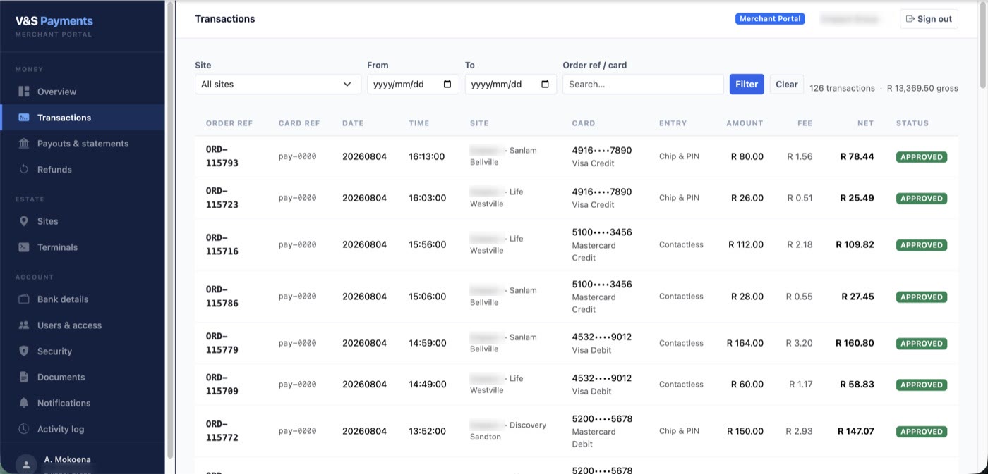 Portal Transactions page with order reference, card, fee and net per payment