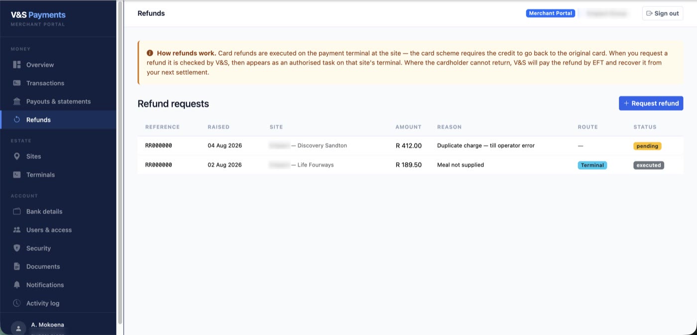 Portal Refunds page with open and completed refunds
