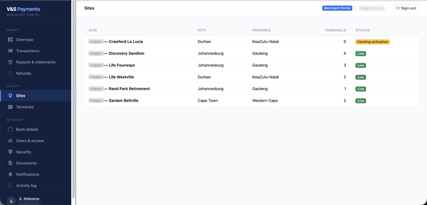 Portal Sites page listing each site with its terminals and takings