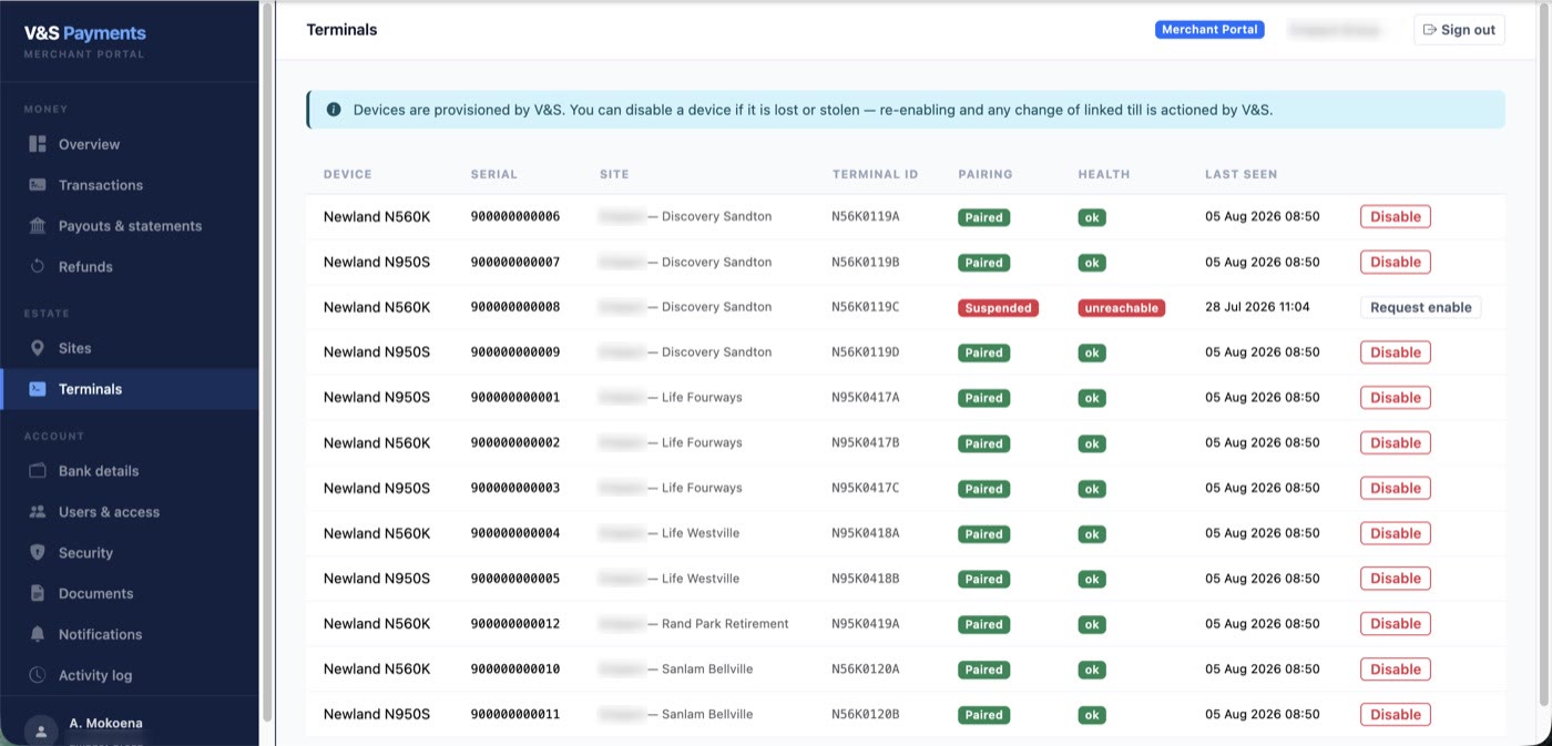 Portal Terminals page with status and last-seen per device