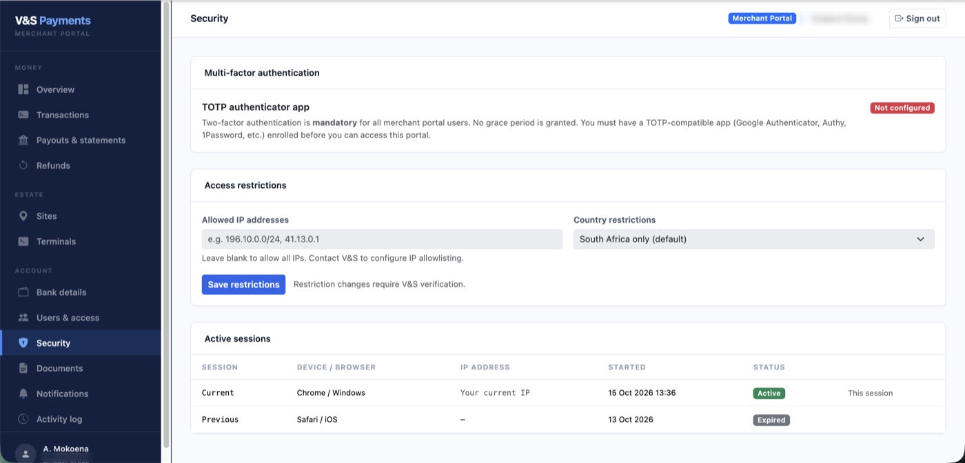Portal Security page with two-factor, IP allowlist and sessions